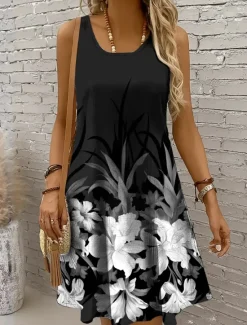 Online Women's Mini Dress Sundress A Line Dress Summer Dress Vacation Casual Regular Fit Ombre Floral Graphic Sleeveless U Neck Scoop Neck Black And White Dark Brown Red Blue Summer Spring Women Sundresses