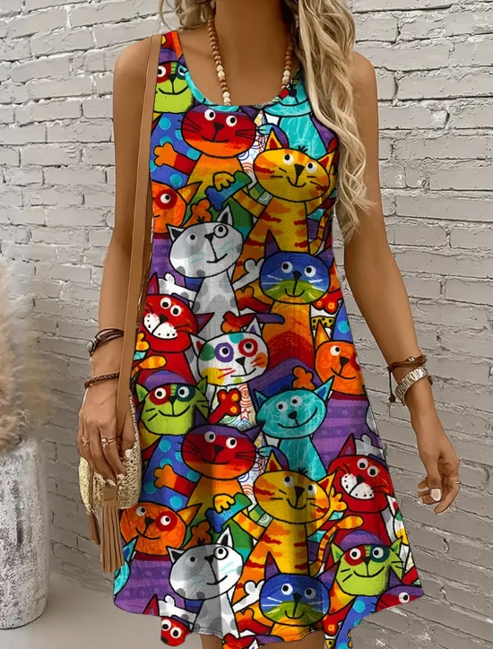 Hot Women's Mini Dress Sundress A Line Dress Off The Shoulder Dress Vacation Casual Holiday Beach Regular Fit Graphic Cat Sleeveless Crew Neck Yellow Red Blue Purple Summer Spring Women Sundresses