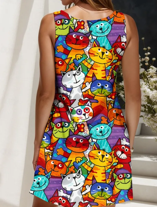 Hot Women's Mini Dress Sundress A Line Dress Off The Shoulder Dress Vacation Casual Holiday Beach Regular Fit Graphic Cat Sleeveless Crew Neck Yellow Red Blue Purple Summer Spring Women Sundresses