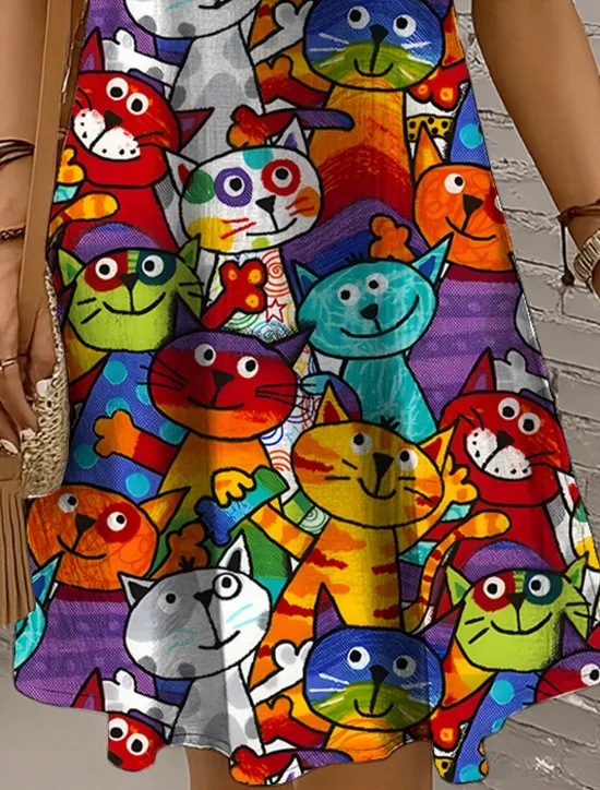 Hot Women's Mini Dress Sundress A Line Dress Off The Shoulder Dress Vacation Casual Holiday Beach Regular Fit Graphic Cat Sleeveless Crew Neck Yellow Red Blue Purple Summer Spring Women Sundresses