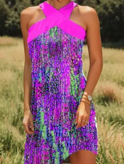 Online Women's Mini Dress Sundress A Line Dress Vacation Casual Going out Regular Fit Ombre Graphic Polka Dot Sleeveless Halter Neck Blue Purple Orange Summer Women Casual Dress|Sundresses
