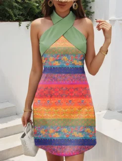 Clearance Women's Mini Dress Sundress A Line Dress Vacation Casual Outdoor Going out Regular Fit Floral Graphic Sleeveless Halter Neck White Blue Green Summer Women Sundresses
