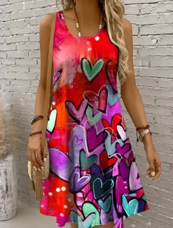 Outlet Women's Mini Dress Sundress A Line Dress Off The Shoulder Dress Vacation Casual Boho Holiday Beach Regular Fit Heart Graphic Sleeveless Crew Neck Yellow Red Blue Purple Summer Spring Women Sundresses