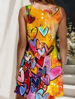 Outlet Women's Mini Dress Sundress A Line Dress Off The Shoulder Dress Vacation Casual Boho Holiday Beach Regular Fit Heart Graphic Sleeveless Crew Neck Yellow Red Blue Purple Summer Spring Women Sundresses