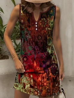 Best Women's Mini Dress Sundress Shift Dress Off The Shoulder Dress Vacation Casual Outdoor Going out Beach Regular Fit Ombre Graphic Geometric Sleeveless V Neck Red Blue Purple Green Summer Spring Women Sundresses|Vacation Dresses