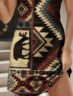 Women's Mini Dress Sundress A Line Dress Summer Dress Vacation Casual Boho Outdoor Party Daily Regular Fit Graphic Geometric Color Block Sleeveless U Neck Red Blue Purple Khaki Summer Spring Women Sundresses