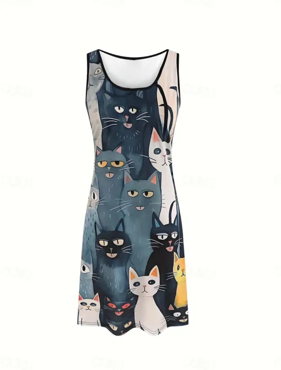 Discount Women's Mini Dress Sundress A Line Dress Off The Shoulder Dress Vacation Casual Outdoor Holiday Beach Regular Fit Graphic Animal Cat Sleeveless Crew Neck Summer Spring Women Sundresses