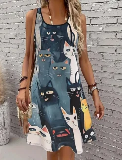 Discount Women's Mini Dress Sundress A Line Dress Off The Shoulder Dress Vacation Casual Outdoor Holiday Beach Regular Fit Graphic Animal Cat Sleeveless Crew Neck Summer Spring Women Sundresses
