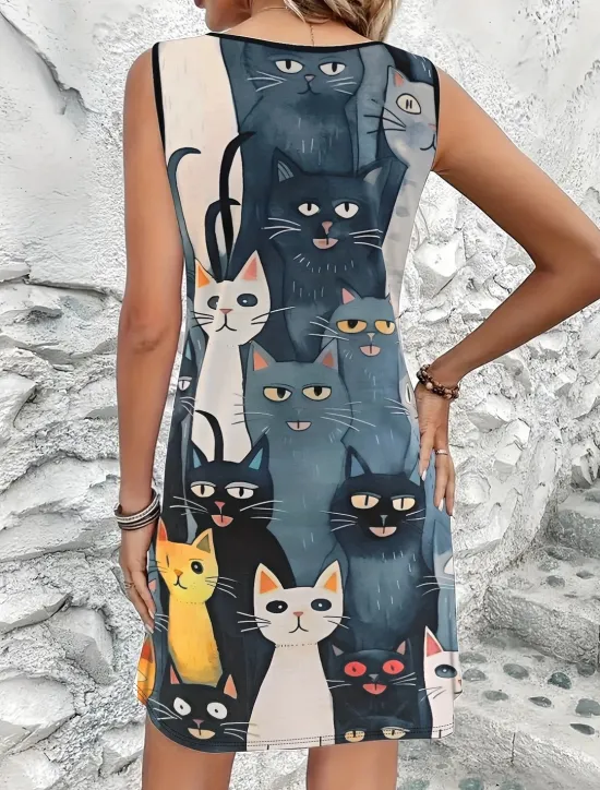 Discount Women's Mini Dress Sundress A Line Dress Off The Shoulder Dress Vacation Casual Outdoor Holiday Beach Regular Fit Graphic Animal Cat Sleeveless Crew Neck Summer Spring Women Sundresses