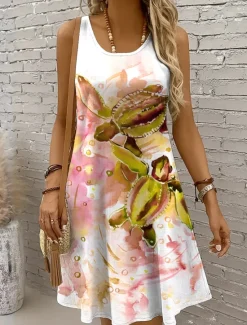 Outlet Women's Mini Dress Sundress A Line Dress Off The Shoulder Dress Vacation Casual Holiday Beach Regular Fit Graphic Turtle Sleeveless Crew Neck Yellow Red Blue Purple Summer Spring Women Sundresses