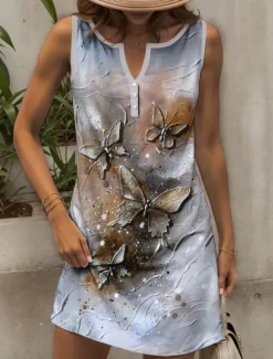 Clearance Women's Mini Dress Sundress Shift Dress Off The Shoulder Dress Vacation Casual Outdoor Going out Regular Fit Graphic Butterfly Sleeveless V Neck Summer Spring Women Sundresses