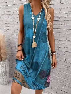 Discount Women's Mini Dress Sundress A Line Dress Summer Dress Vacation Casual Boho Regular Fit Graphic Geometric Color Block Sleeveless U Neck Dark Red Blue Summer Spring Women Vacation Dresses