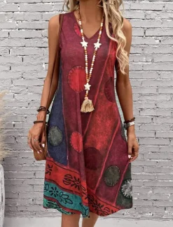 Discount Women's Mini Dress Sundress A Line Dress Summer Dress Vacation Casual Boho Regular Fit Graphic Geometric Color Block Sleeveless U Neck Dark Red Blue Summer Spring Women Vacation Dresses