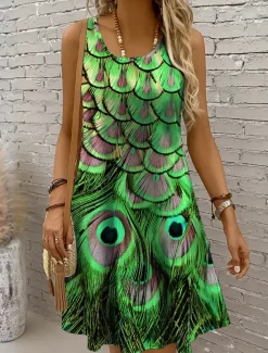 Discount Women's Mini Dress Sundress A Line Dress Off The Shoulder Dress Vacation Casual Boho Holiday Beach Regular Fit Graphic Animal Sleeveless Crew Neck Yellow Red Blue Purple Summer Spring Women Sundresses