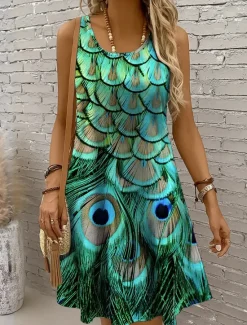 Discount Women's Mini Dress Sundress A Line Dress Off The Shoulder Dress Vacation Casual Boho Holiday Beach Regular Fit Graphic Animal Sleeveless Crew Neck Yellow Red Blue Purple Summer Spring Women Sundresses
