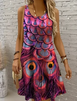 Discount Women's Mini Dress Sundress A Line Dress Off The Shoulder Dress Vacation Casual Boho Holiday Beach Regular Fit Graphic Animal Sleeveless Crew Neck Yellow Red Blue Purple Summer Spring Women Sundresses