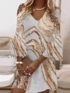 Online Women's Mini Dress Sundress A Line Dress Semi Formal Dress Petite Dress Vintage Casual Beach Ruffle Sleeve Vacation Daily Beach Regular Fit Marble 3/4 Length Sleeve V Neck Blue Gold Summer Women Vacation Dresses