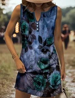 New Women's Mini Dress Sundress Shift Dress Off The Shoulder Dress Vacation Casual Going out Regular Fit Floral Graphic Letter Sleeveless V Neck Red Blue Purple Green Summer Spring Women Sundresses
