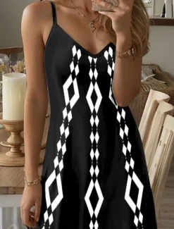 New Women's Mini Dress Sundress A Line Dress Slip Dress Off The Shoulder Dress Vacation Casual Boho Going out Beach Standard Fit Graphic Geometric Sleeveless V Neck Summer Women Vacation Dresses