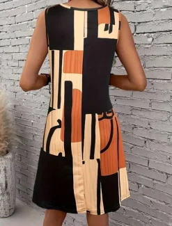 Clearance Women's Mini Dress Sundress A Line Dress Summer Dress Vacation Casual Regular Fit Graphic Geometric Color Block Sleeveless U Neck Light Brown Blue Summer Spring Women Vacation Dresses
