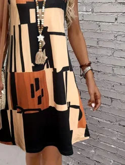 Clearance Women's Mini Dress Sundress A Line Dress Summer Dress Vacation Casual Regular Fit Graphic Geometric Color Block Sleeveless U Neck Light Brown Blue Summer Spring Women Vacation Dresses
