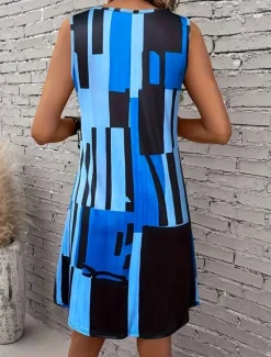 Clearance Women's Mini Dress Sundress A Line Dress Summer Dress Vacation Casual Regular Fit Graphic Geometric Color Block Sleeveless U Neck Light Brown Blue Summer Spring Women Vacation Dresses