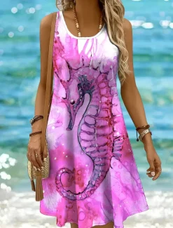 Online Women's Mini Dress Sundress A Line Dress Off The Shoulder Dress Vacation Casual Holiday Beach Regular Fit Ombre Graphic Animal Sleeveless Crew Neck Yellow Pink Blue Purple Summer Women Sundresses