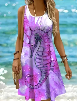 Online Women's Mini Dress Sundress A Line Dress Off The Shoulder Dress Vacation Casual Holiday Beach Regular Fit Ombre Graphic Animal Sleeveless Crew Neck Yellow Pink Blue Purple Summer Women Sundresses