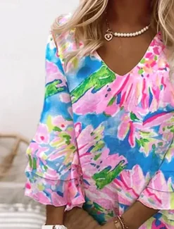 Women's Mini Dress Sundress A Line Dress Vacation Casual Boho Beach Regular Fit Ombre Floral Graphic 3/4 Length Sleeve V Neck Colourful Pink Sky Blue Ink Blue Summer Spring Women Vacation Dresses