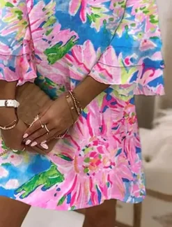 Women's Mini Dress Sundress A Line Dress Vacation Casual Boho Beach Regular Fit Ombre Floral Graphic 3/4 Length Sleeve V Neck Colourful Pink Sky Blue Ink Blue Summer Spring Women Vacation Dresses