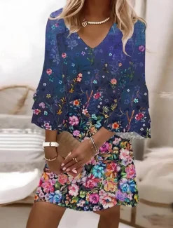 Women's Mini Dress Sundress A Line Dress Vacation Casual Boho Beach Regular Fit Ombre Floral Graphic 3/4 Length Sleeve V Neck Colourful Pink Sky Blue Ink Blue Summer Spring Women Vacation Dresses