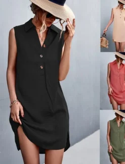 Online Women's Mini Dress Sundress Summer Dress Casual Daily Regular Fit Solid Color Sleeveless Shirt Collar ArmyGreen Black Red Beige Summer Women Sundresses