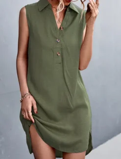 Online Women's Mini Dress Sundress Summer Dress Casual Daily Regular Fit Solid Color Sleeveless Shirt Collar ArmyGreen Black Red Beige Summer Women Sundresses