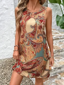 Best Women's Mini Dress Sundress Summer Dress Vacation Boho Daily Holiday Regular Fit Graphic Paisley Sleeveless Crew Neck Summer Women Sundresses|T Shirt Dresses