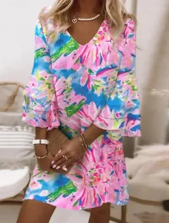 Best Women's Mini Dress Sundress A Line Dress Boho Party Regular Fit Floral Graphic 3/4 Length Sleeve V Neck Light Pink Light Green Dark Pink Sky Blue Summer Spring Women Vacation Dresses