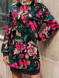 Hot Women's Mini Dress Sweater Dress Shift Dress Vacation Casual Boho Outdoor Regular Fit Floral Graphic Long Sleeve Crewneck Red black Pink Fall Winter Women Vacation Dresses