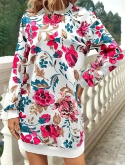Hot Women's Mini Dress Sweater Dress Shift Dress Vacation Casual Boho Outdoor Regular Fit Floral Graphic Long Sleeve Crewneck Red black Pink Fall Winter Women Vacation Dresses