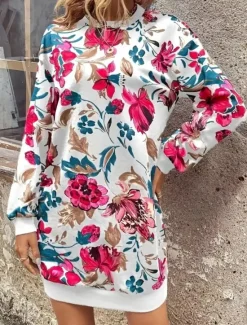 Hot Women's Mini Dress Sweater Dress Shift Dress Vacation Casual Boho Outdoor Regular Fit Floral Graphic Long Sleeve Crewneck Red black Pink Fall Winter Women Vacation Dresses