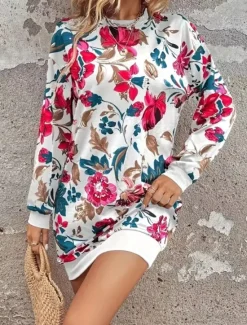 Hot Women's Mini Dress Sweater Dress Shift Dress Vacation Casual Boho Outdoor Regular Fit Floral Graphic Long Sleeve Crewneck Red black Pink Fall Winter Women Vacation Dresses