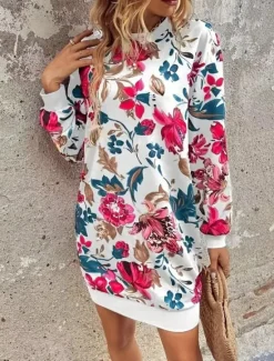 Hot Women's Mini Dress Sweater Dress Shift Dress Vacation Casual Boho Outdoor Regular Fit Floral Graphic Long Sleeve Crewneck Red black Pink Fall Winter Women Vacation Dresses