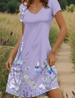 Women's Mini Dress T Shirt Dress Tee Dress Sundress Summer Dress Vacation Casual Boho Daily Going out Regular Fit Floral Graphic Short Sleeve V Neck Purple Green Summer Women Casual Dress|Vacation Dresses