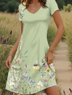 Women's Mini Dress T Shirt Dress Tee Dress Sundress Summer Dress Vacation Casual Boho Daily Going out Regular Fit Floral Graphic Short Sleeve V Neck Purple Green Summer Women Casual Dress|Vacation Dresses