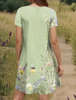 Women's Mini Dress T Shirt Dress Tee Dress Sundress Summer Dress Vacation Casual Boho Daily Going out Regular Fit Floral Graphic Short Sleeve V Neck Purple Green Summer Women Casual Dress|Vacation Dresses