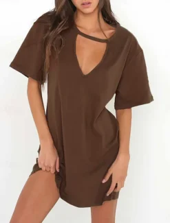 Hot Women's Mini Dress T Shirt Dress Tee Dress Summer Dress Casual Daily Regular Fit Plain Short Sleeve V Neck Black White Brown Green Summer Women T Shirt Dresses