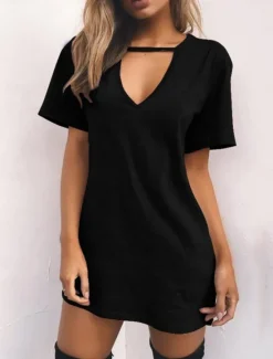 Hot Women's Mini Dress T Shirt Dress Tee Dress Summer Dress Casual Daily Regular Fit Plain Short Sleeve V Neck Black White Brown Green Summer Women T Shirt Dresses