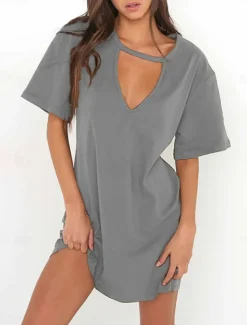 Hot Women's Mini Dress T Shirt Dress Tee Dress Summer Dress Casual Daily Regular Fit Plain Short Sleeve V Neck Black White Brown Green Summer Women T Shirt Dresses