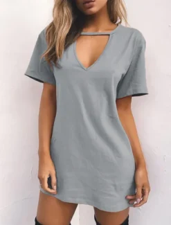 Hot Women's Mini Dress T Shirt Dress Tee Dress Summer Dress Casual Daily Regular Fit Plain Short Sleeve V Neck Black White Brown Green Summer Women T Shirt Dresses
