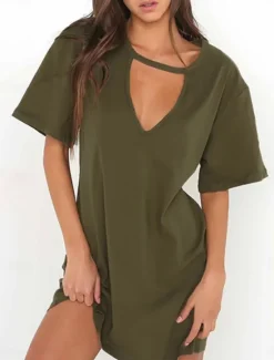 Hot Women's Mini Dress T Shirt Dress Tee Dress Summer Dress Casual Daily Regular Fit Plain Short Sleeve V Neck Black White Brown Green Summer Women T Shirt Dresses