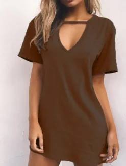 Hot Women's Mini Dress T Shirt Dress Tee Dress Summer Dress Casual Daily Regular Fit Plain Short Sleeve V Neck Black White Brown Green Summer Women T Shirt Dresses