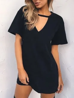 Hot Women's Mini Dress T Shirt Dress Tee Dress Summer Dress Casual Daily Regular Fit Plain Short Sleeve V Neck Black White Brown Green Summer Women T Shirt Dresses
